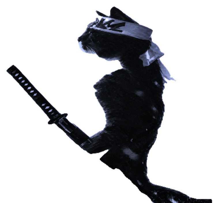 KATZU, a black cat in a white headband holding a katana, facing the night